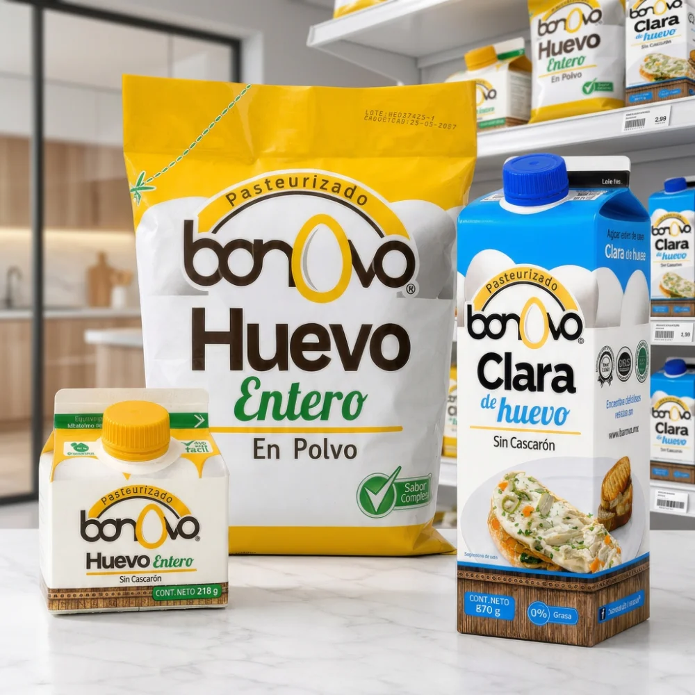 Presentación retail de Bonovo en la cocina del hogar: bolsa de huevo en polvo y tetra pack de clara de huevo