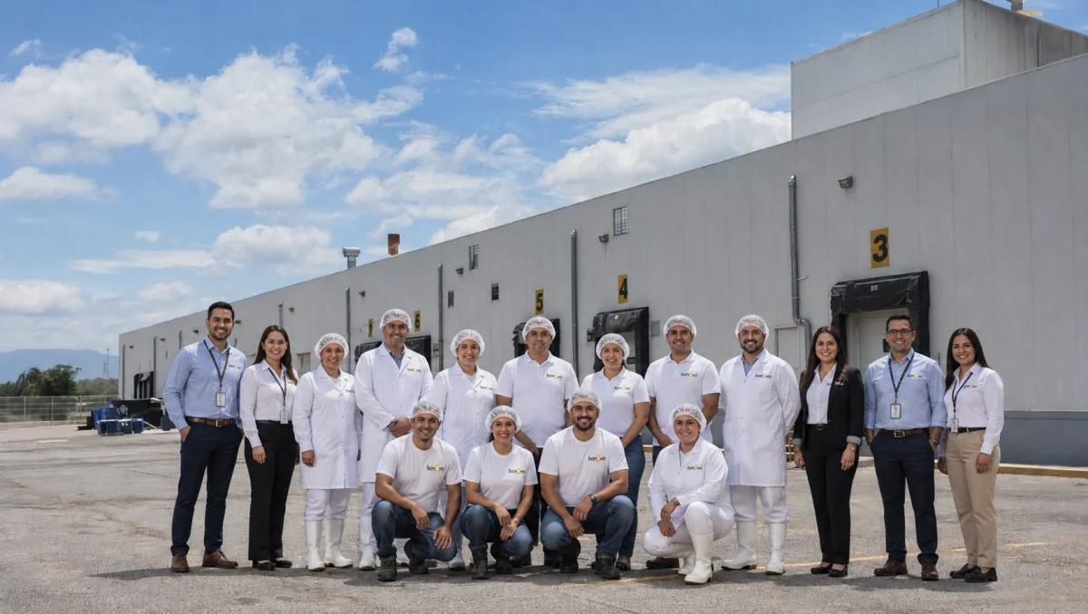 Equipo de Bonovo frente a la planta en Tehuacán