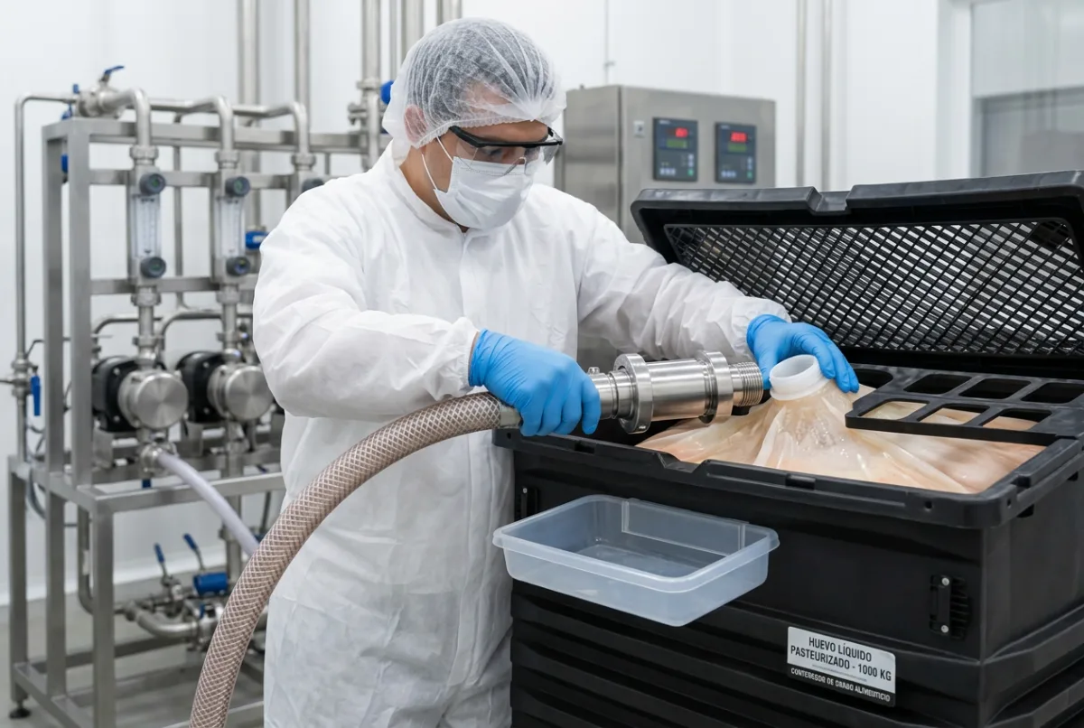 Operador llenando un contenedor con huevo líquido pasteurizado en la planta Bonovo