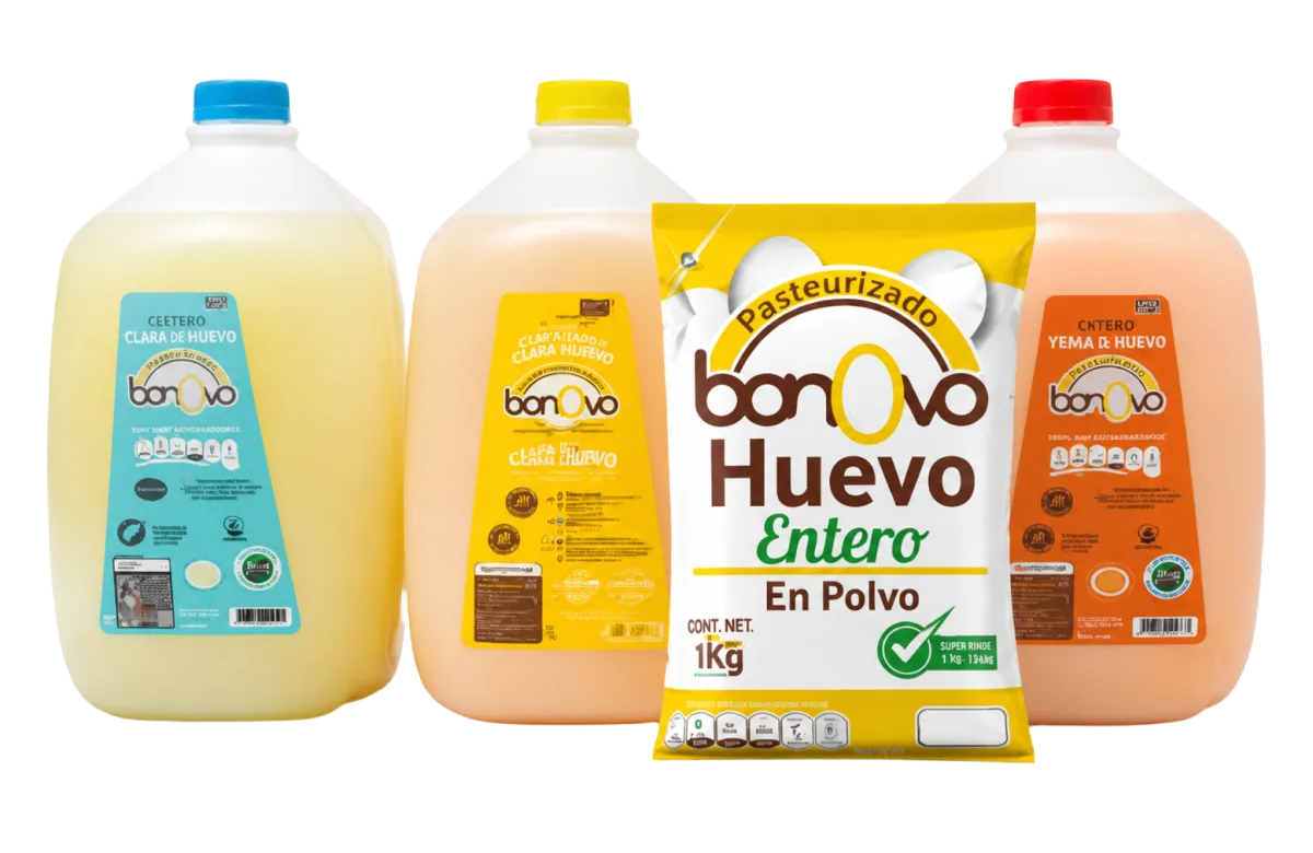 Garrafones de clara, yema y huevo combinado, y bolsa de huevo en polvo Bonovo